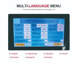 Touchscreen control interface for a laser cleaning machine