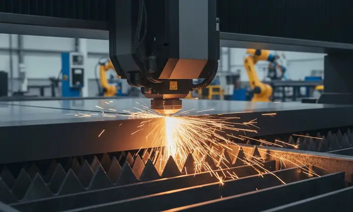 Flatbed fiber laser cutting machine processing carbon steel sheet for energy storage trays