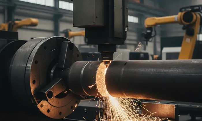 Automated laser tube cutting machine processing industrial steel piping and structural profiles
