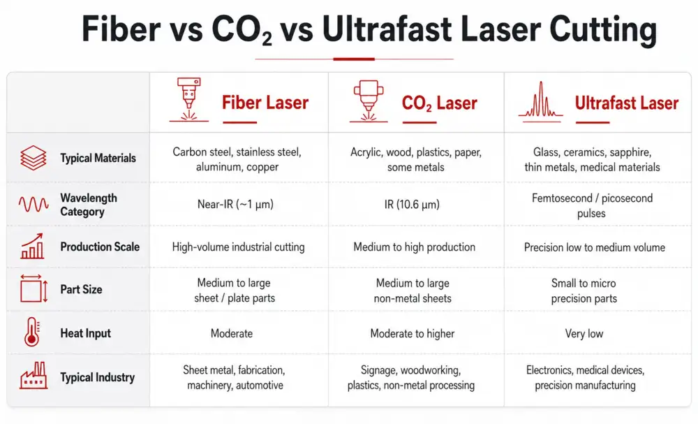 Fiber CO2 and ultrafast laser cutting technology comparison