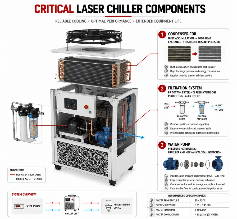 Laser chiller component maintenance diagram showing condenser coil filters and water pump servicing points