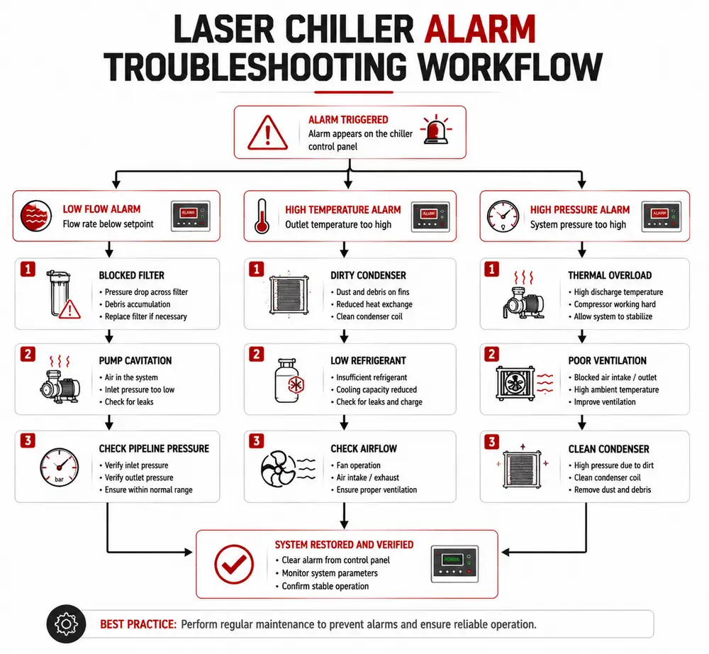Laser cooling system alarm troubleshooting workflow showing low flow high temperature and high pressure fault solutions