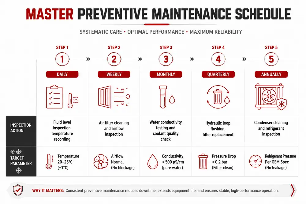 Preventive maintenance schedule infographic for industrial laser chillers showing daily weekly monthly quarterly and annual inspection tasks