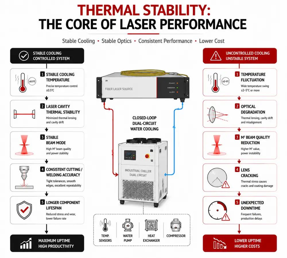 Industrial laser cooling system thermal stability diagram showing how temperature control affects laser beam quality, power stability and equipment lifespan