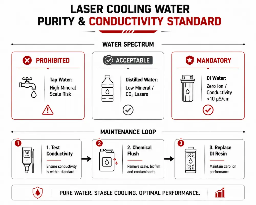 Laser chiller water quality infographic showing DI water conductivity control scale prevention and coolant contamination risks
