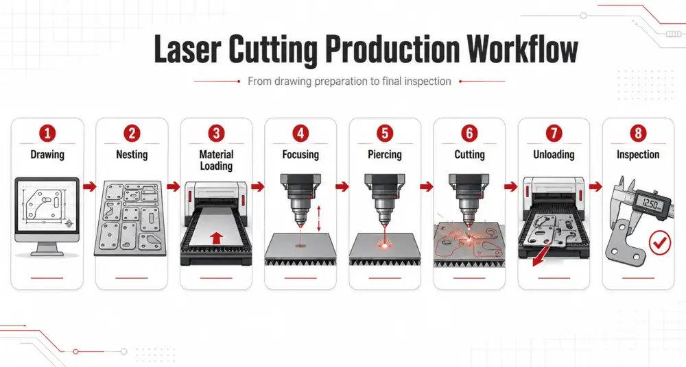 Industrial laser cutting workflow from drawing and nesting to inspection