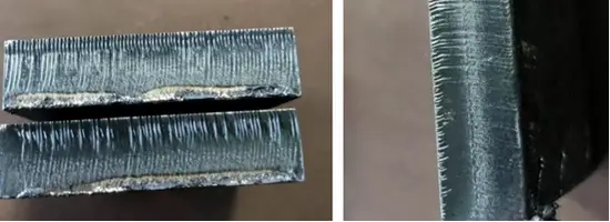 Nozzle Too Large-Rough upper stripes and lower drag lines (Left) Rough upper stripes with jagged edges (Right)