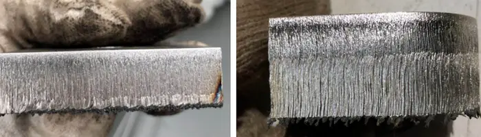 Nozzle Too Small-Incomplete cutting (Left) Delamination (Right)