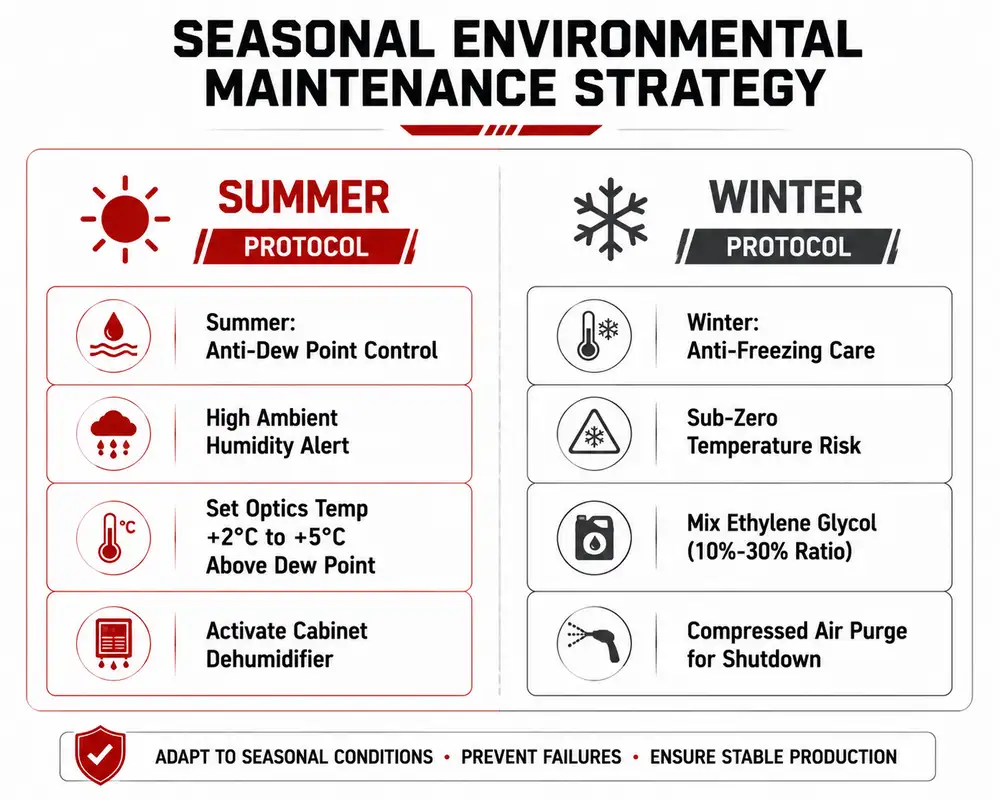 Seasonal laser chiller maintenance infographic showing summer condensation control and winter antifreeze protection