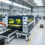 Fully enclosed industrial fiber laser cutting machine with an automated pallet exchange table operating on a clean, modern smart factory floor