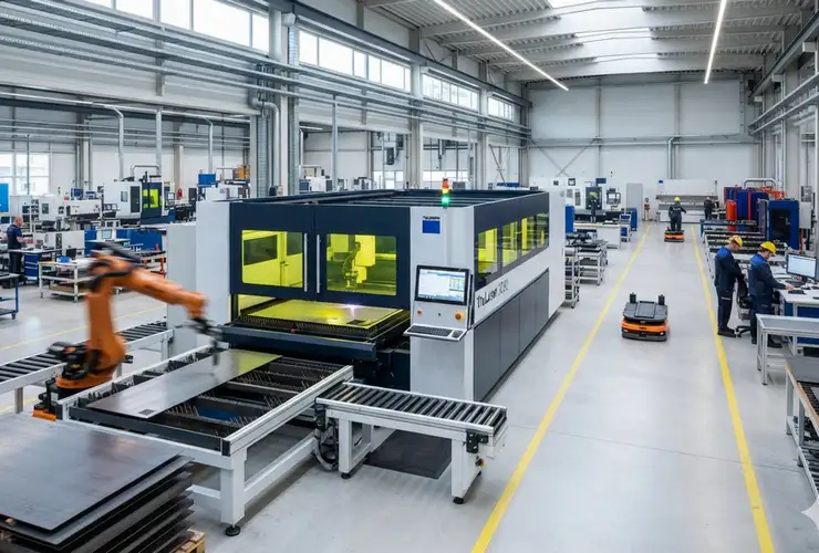 Fully enclosed industrial fiber laser cutting machine with an automated pallet exchange table operating on a clean, modern smart factory floor