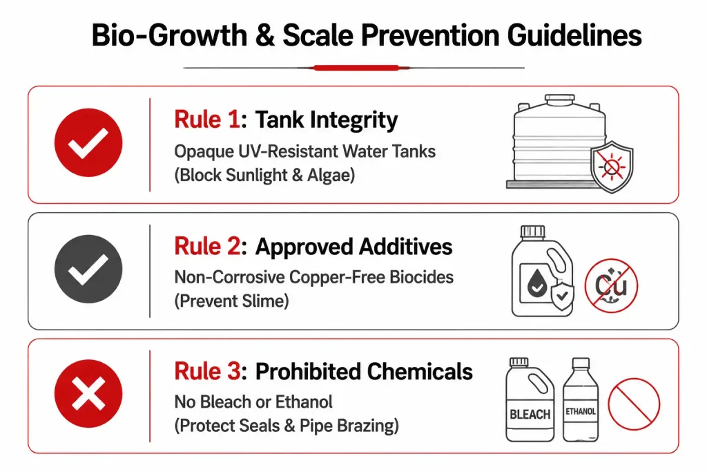Laser cooling bio-growth and scale prevention guide outlining water tank sealing and biocide usage rules