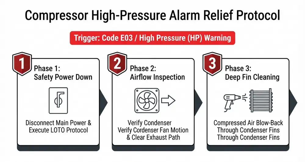 3-stage relief protocol diagram for laser chiller compressor high pressure alarm E03 including power down, fan, and fin cleaning