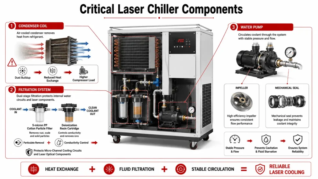 Industrial laser chiller diagram showing the condenser coil, dual-stage filtration system, and water pump