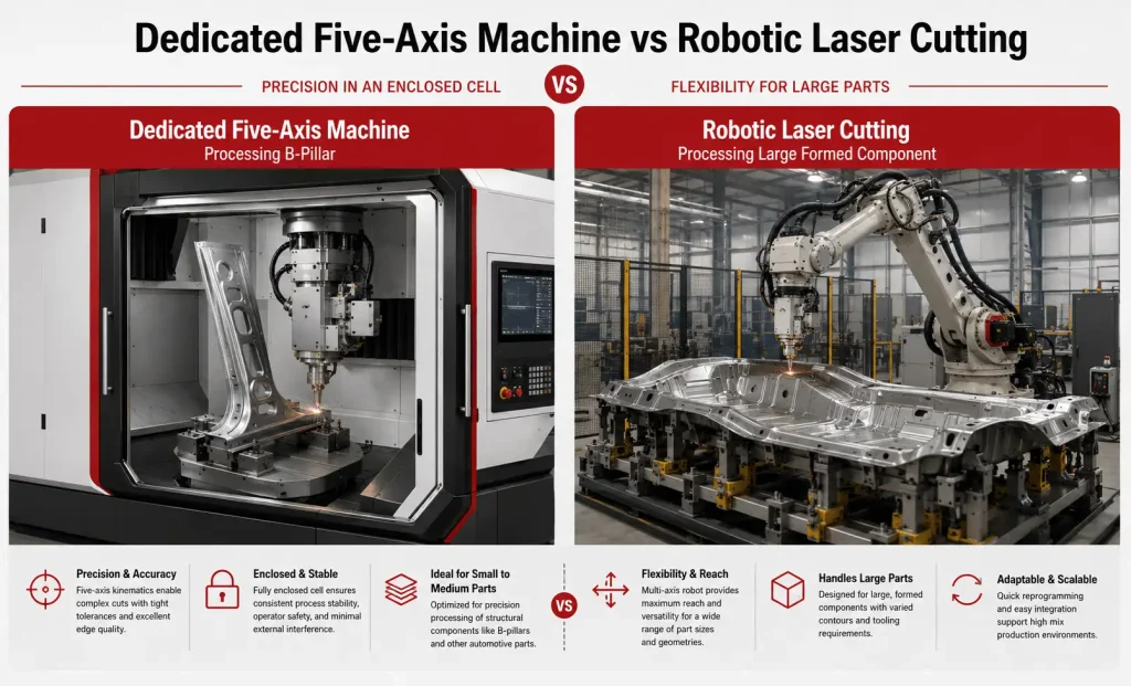 Dedicated five-axis machine vs robotic laser cutting