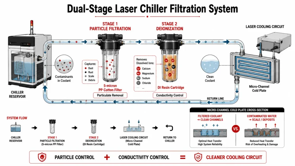 Laser chiller dual-stage filtration diagram showing a 5-micron PP cotton filter and DI resin cartridge
