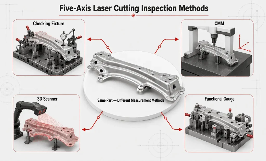 Inspection methods for measuring five-axis laser-cut automotive parts