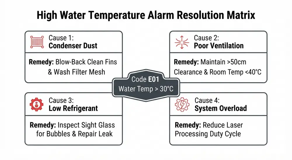 Laser chiller high water temperature alarm resolution matrix detailing root causes and remedies for E01 fault codes