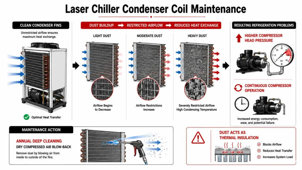 Laser chiller condenser coil maintenance diagram showing dust buildup, restricted airflow, and compressed-air cleaning