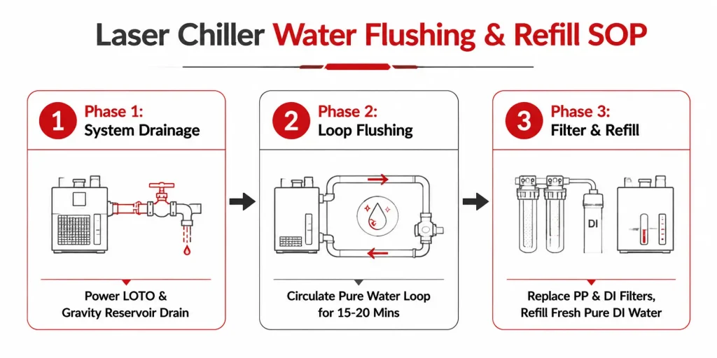 3-phase step-by-step flowchart for laser chiller water flushing, loop cleaning, and fluid refilling SOP