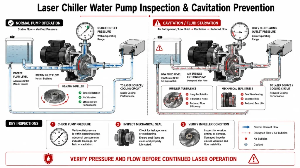 Laser chiller water pump maintenance diagram comparing stable coolant flow with cavitation and fluid starvation