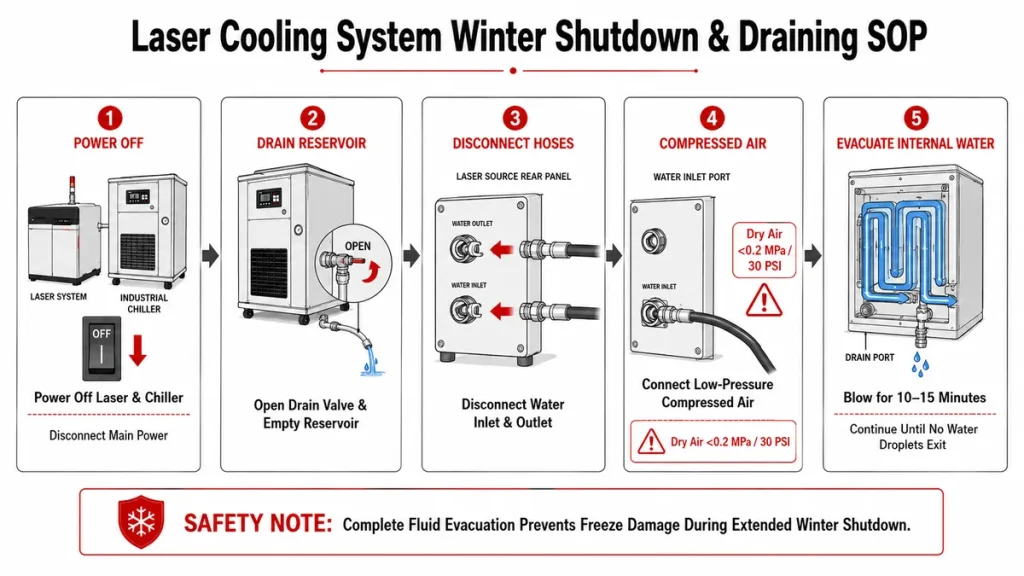 Laser cooling system winter shutdown SOP showing reservoir draining, hose disconnection, compressed air evacuation, and water removal