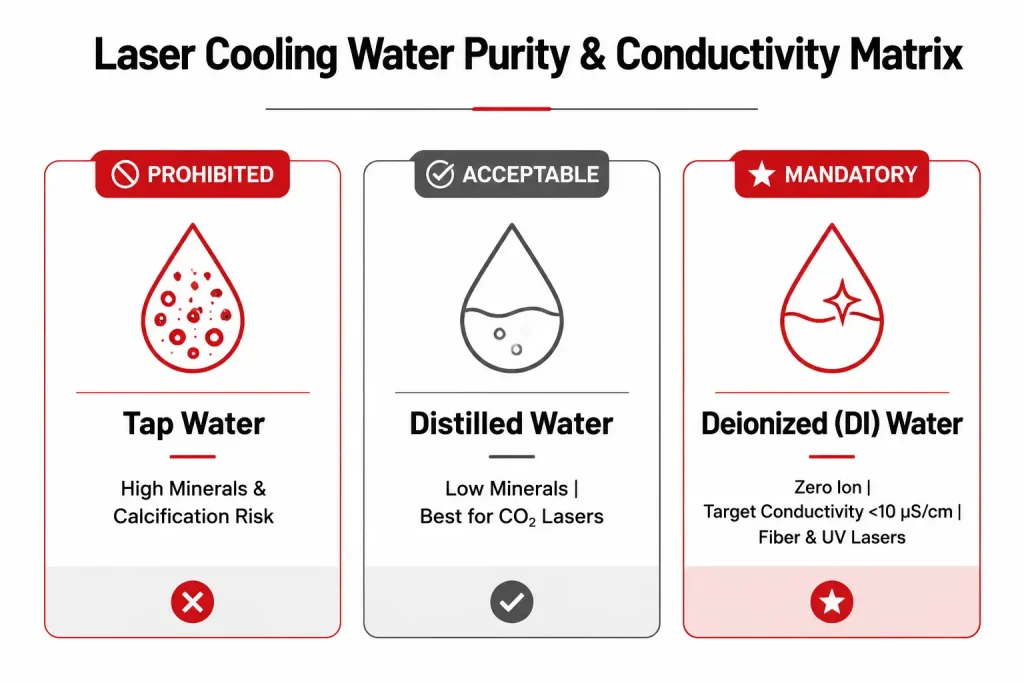 Laser cooling water selection matrix comparing tap, distilled, and deionized DI water conductivity standards