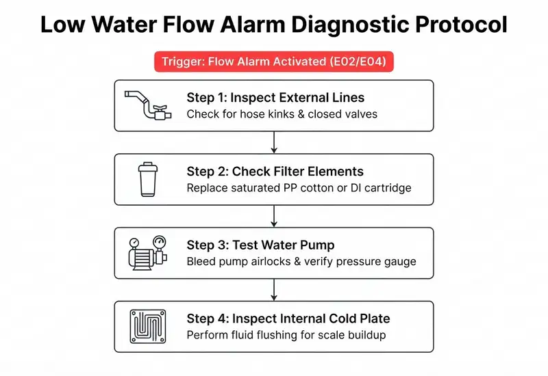 4-step diagnostic flowchart for laser chiller low water flow alarm troubleshooting showing hose, filter, pump, and cold plate steps