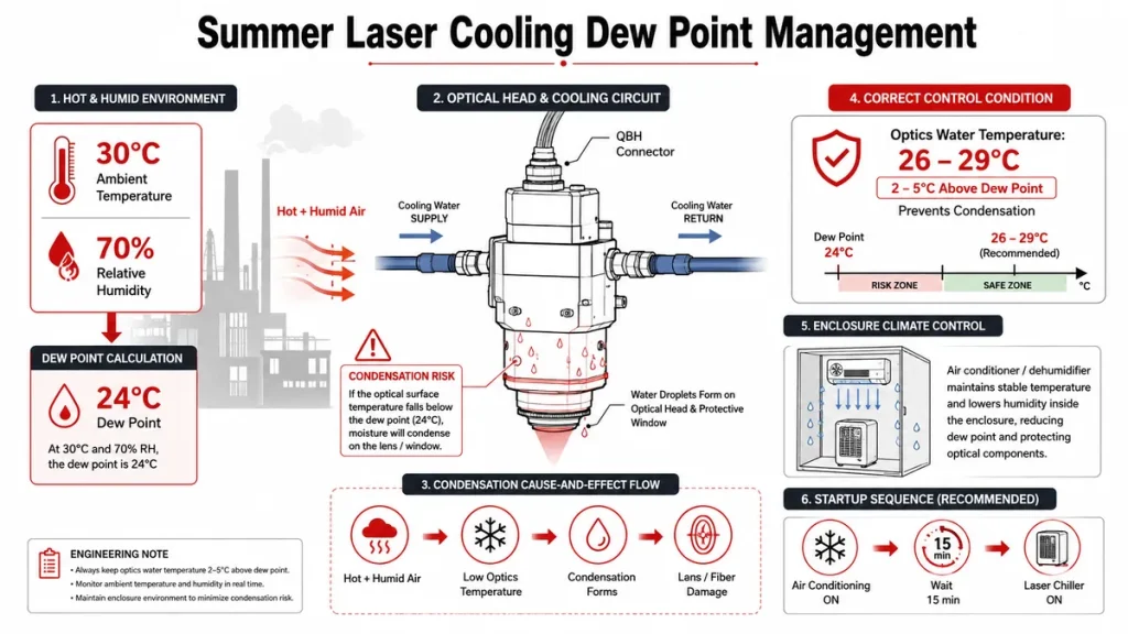 Summer laser cooling dew point management showing how to prevent condensation on laser optics in hot and humid environments