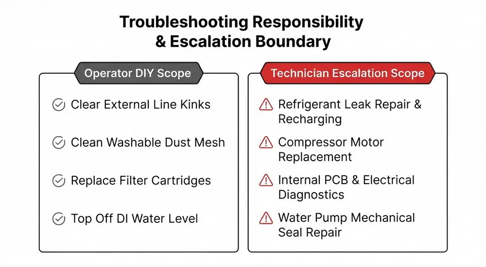 Laser chiller troubleshooting responsibility matrix comparing operator DIY maintenance tasks with certified technician escalation scope