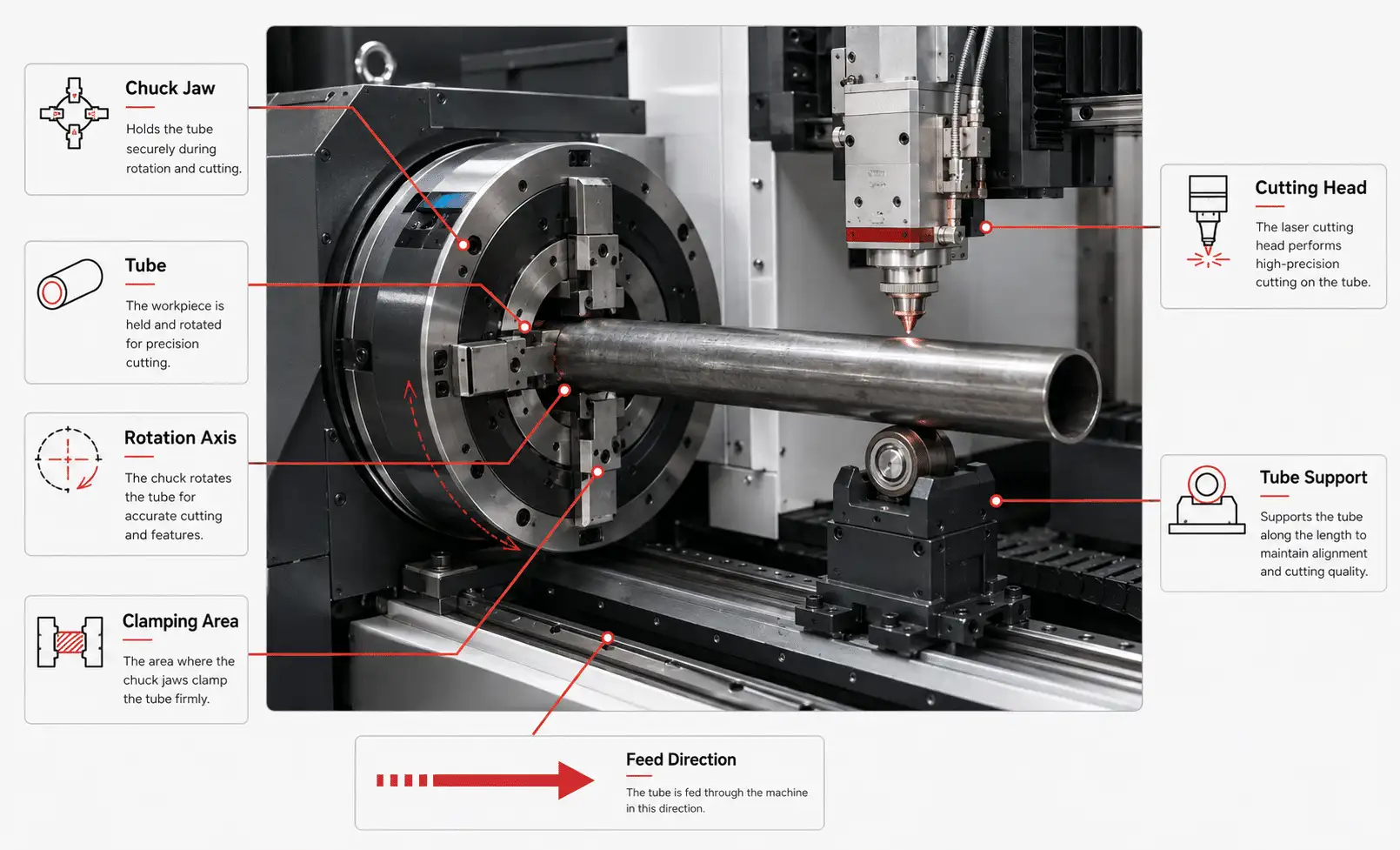 Tube laser cutting machine chuck clamping and rotation system