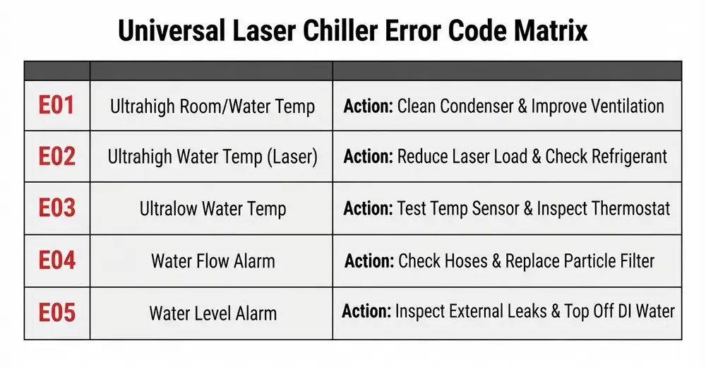 Universal laser chiller alarm codes reference table mapping error codes E01 to E05 to descriptions and operator action steps