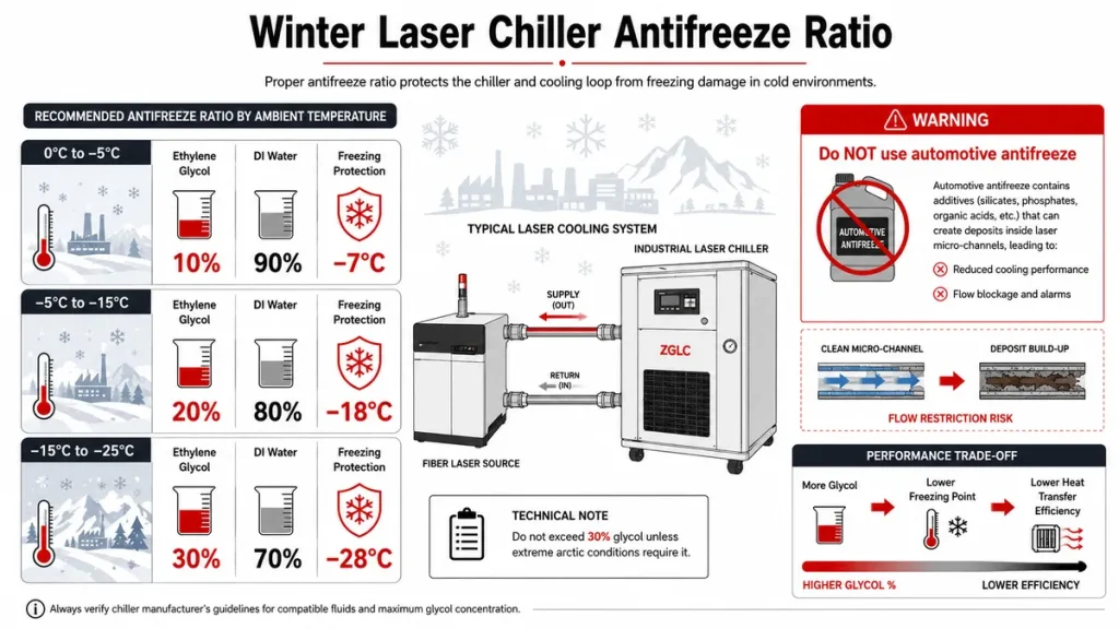 Winter laser chiller antifreeze ratio guide showing glycol and DI water mixtures for different minimum ambient temperatures