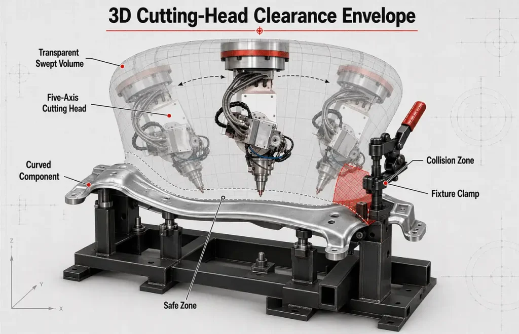 Five-axis laser cutting head clearance envelope around fixture clamps