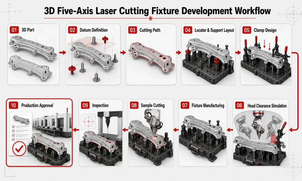 Fixture design workflow for 3D five-axis laser cutting