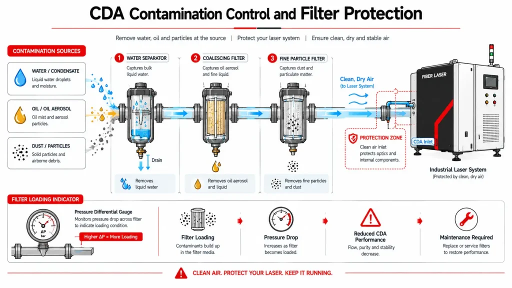 CDA contamination control showing water oil and particles captured by filters before reaching a laser system