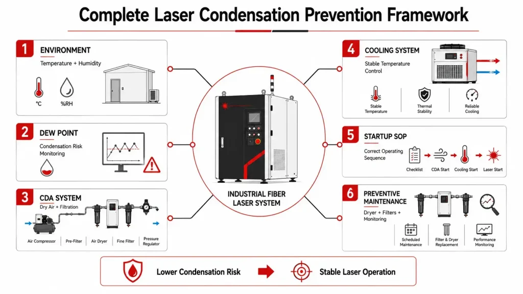 Complete laser condensation prevention framework using environmental monitoring, CDA and cooling control