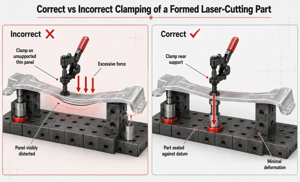 Correct clamping method to prevent deformation in five-axis laser cutting fixtures