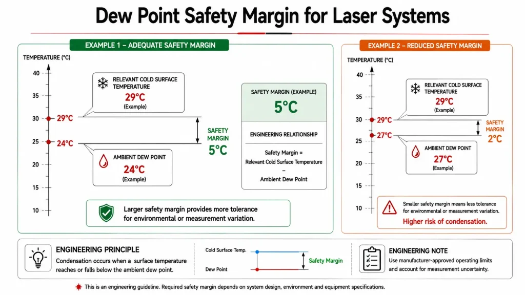 Dew point safety margin calculation for industrial laser condensation prevention