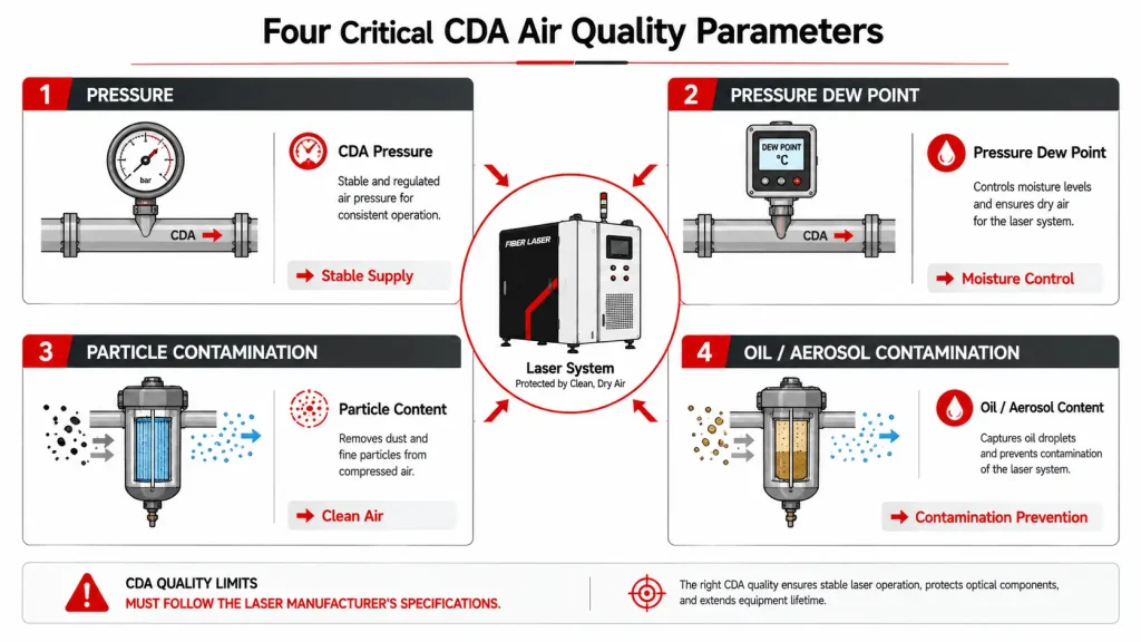 Four critical CDA air quality parameters for laser systems including pressure dew point particles and oil