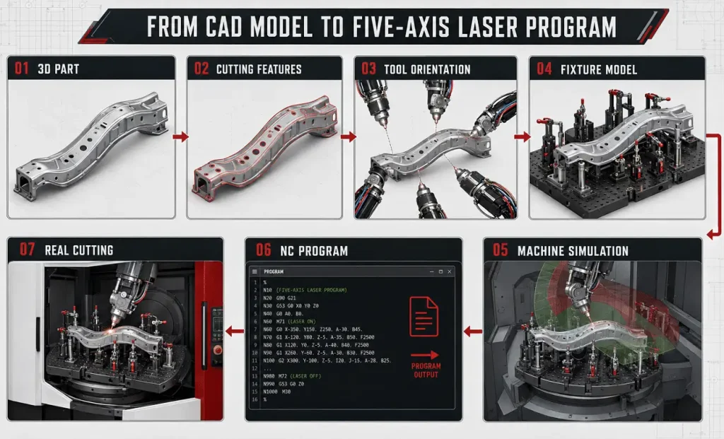 Offline programming workflow for 3D five-axis laser cutting
