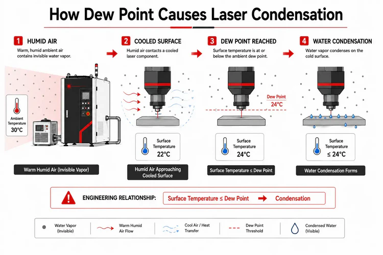How dew point causes condensation on a cooled industrial laser component