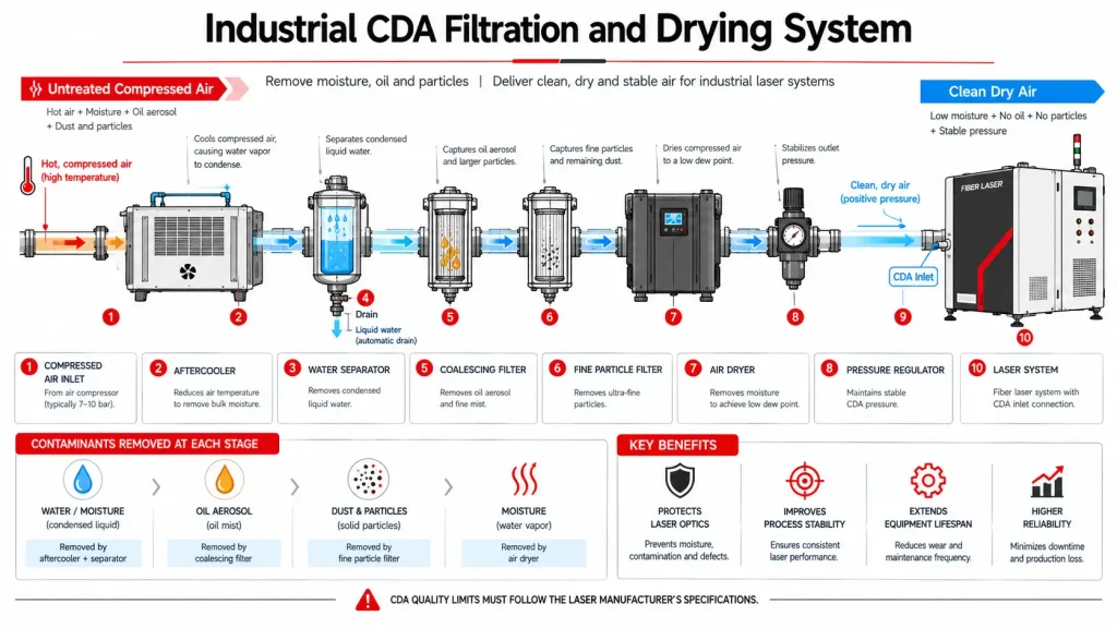 Industrial CDA filtration and drying system for supplying clean dry air to a laser system