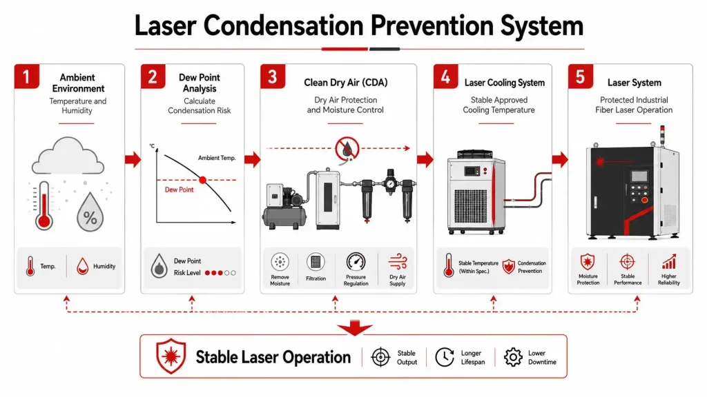 Laser condensation prevention system combining dew point monitoring, CDA and cooling control