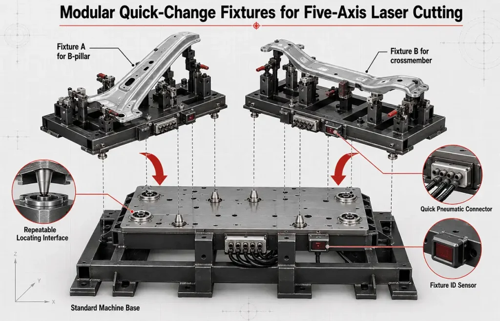 Modular quick-change fixture system for five-axis laser cutting