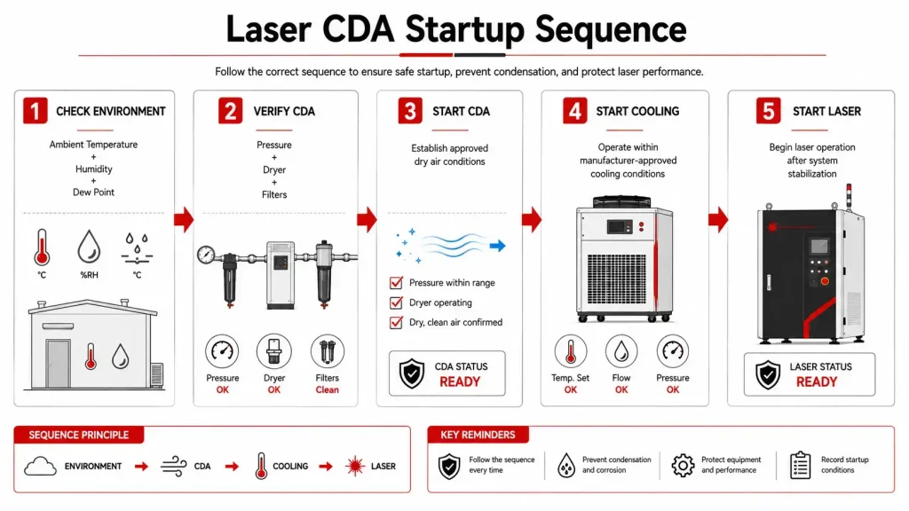 Recommended CDA startup sequence for preventing condensation in industrial laser systems